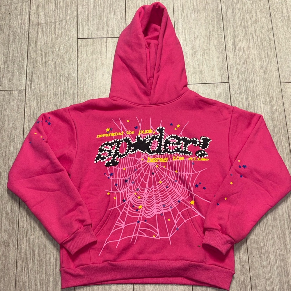 Bright Pink Kids Hoodie with Spider Web Design